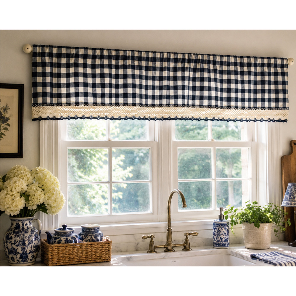 Handmade Navy Blue Gingham Valance Set Cream Crochet Lace Cottage Decor